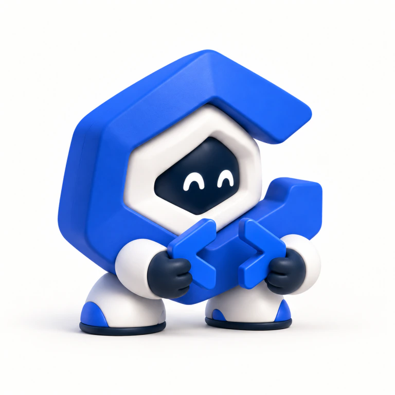 La mascotte blu di Garybyte a forma di G tiene i simboli di codice minore e maggiore